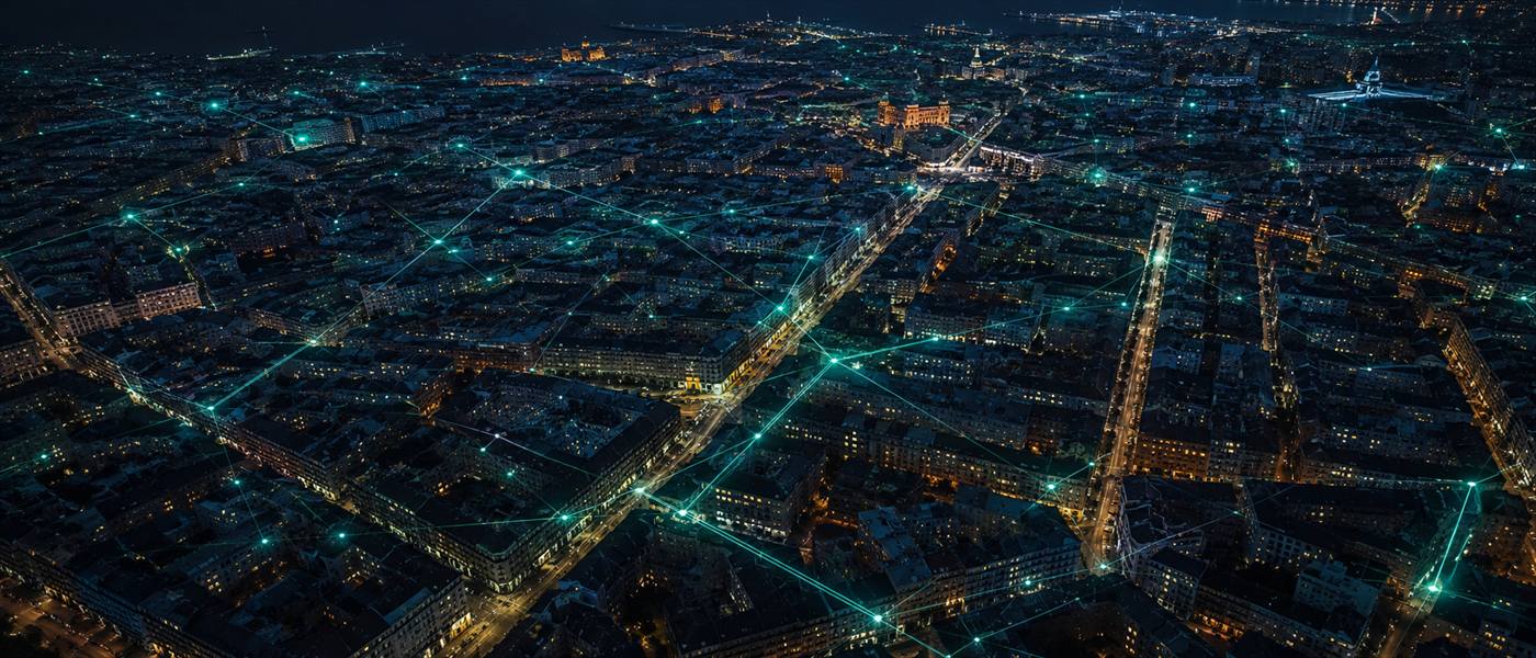 Night city infrastructure skyline with operational systems atmosphere.