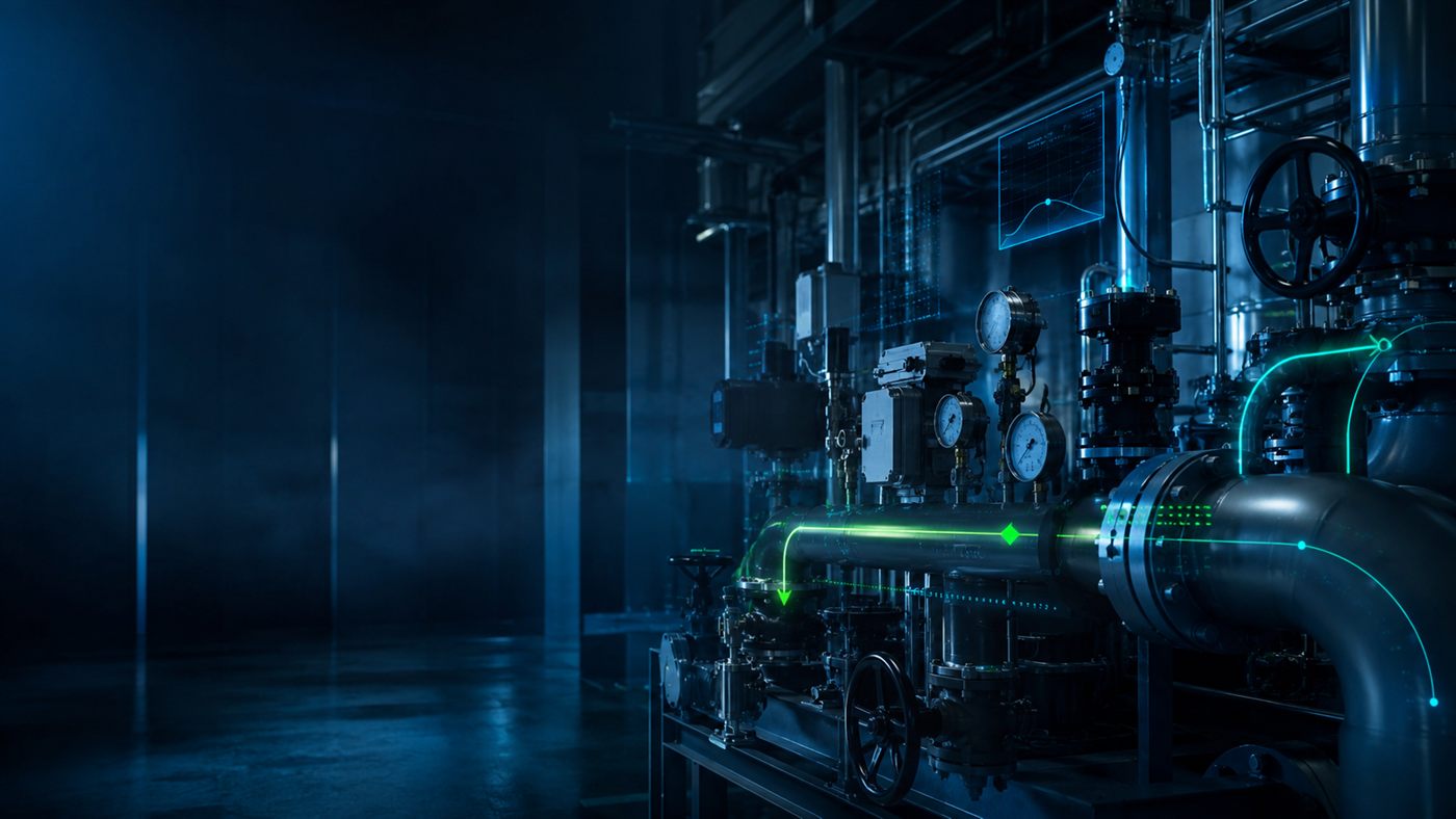 Industrial infrastructure hall with precision systems and controlled operational equipment.