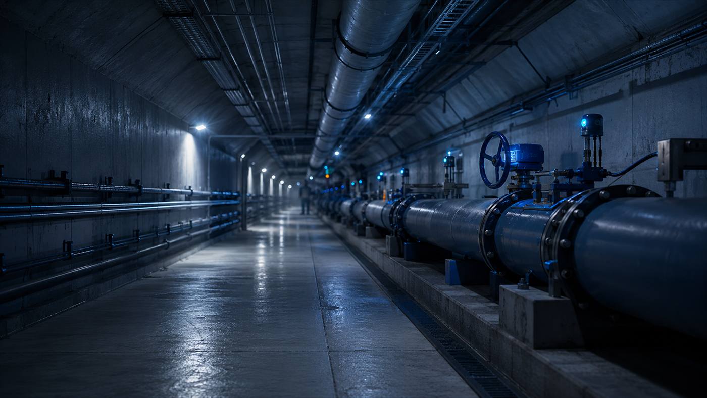 Underground infrastructure corridor with technical distribution systems.